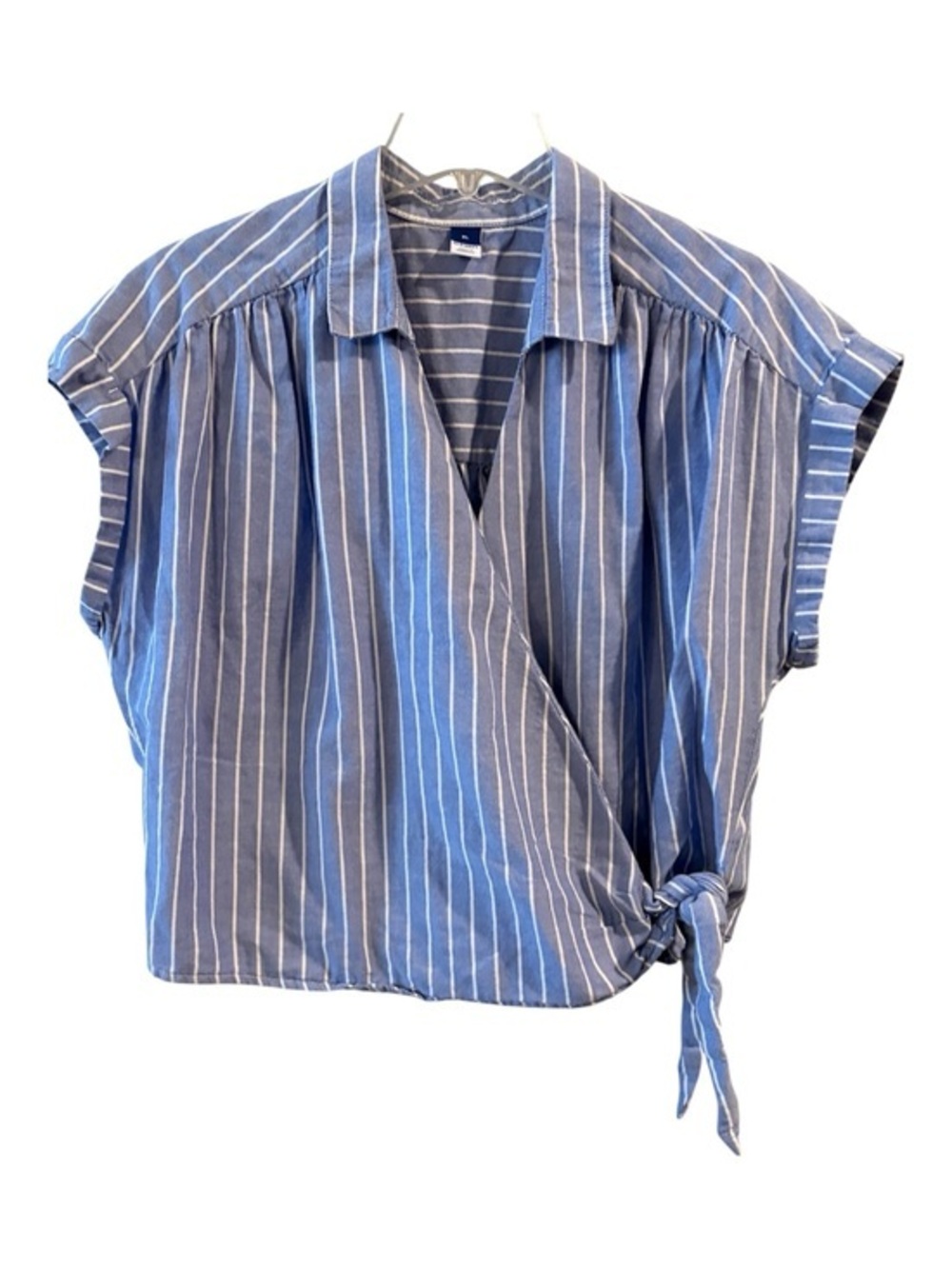 Old Navy Coastal Nautical Blue White Stripe Wrap Tie Blouse XL